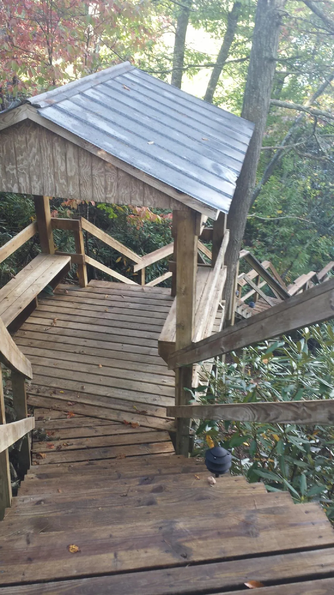Metal roofed shelter over wooden steps on a wooded walkway — Skylight Repair & Installation work by our crew in Morganton